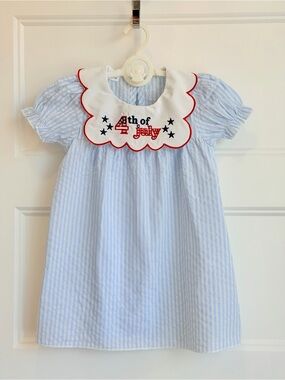 Girls' Light Blue Striped 4th of July Dress with Scalloped Collar